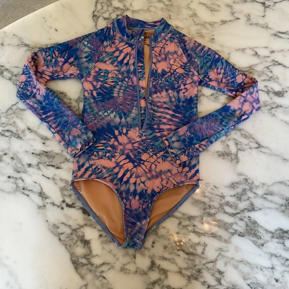 EUC J crew Girls' tie-dye rash guard swimsuit Sz 8 Broken Zipper Customer Return